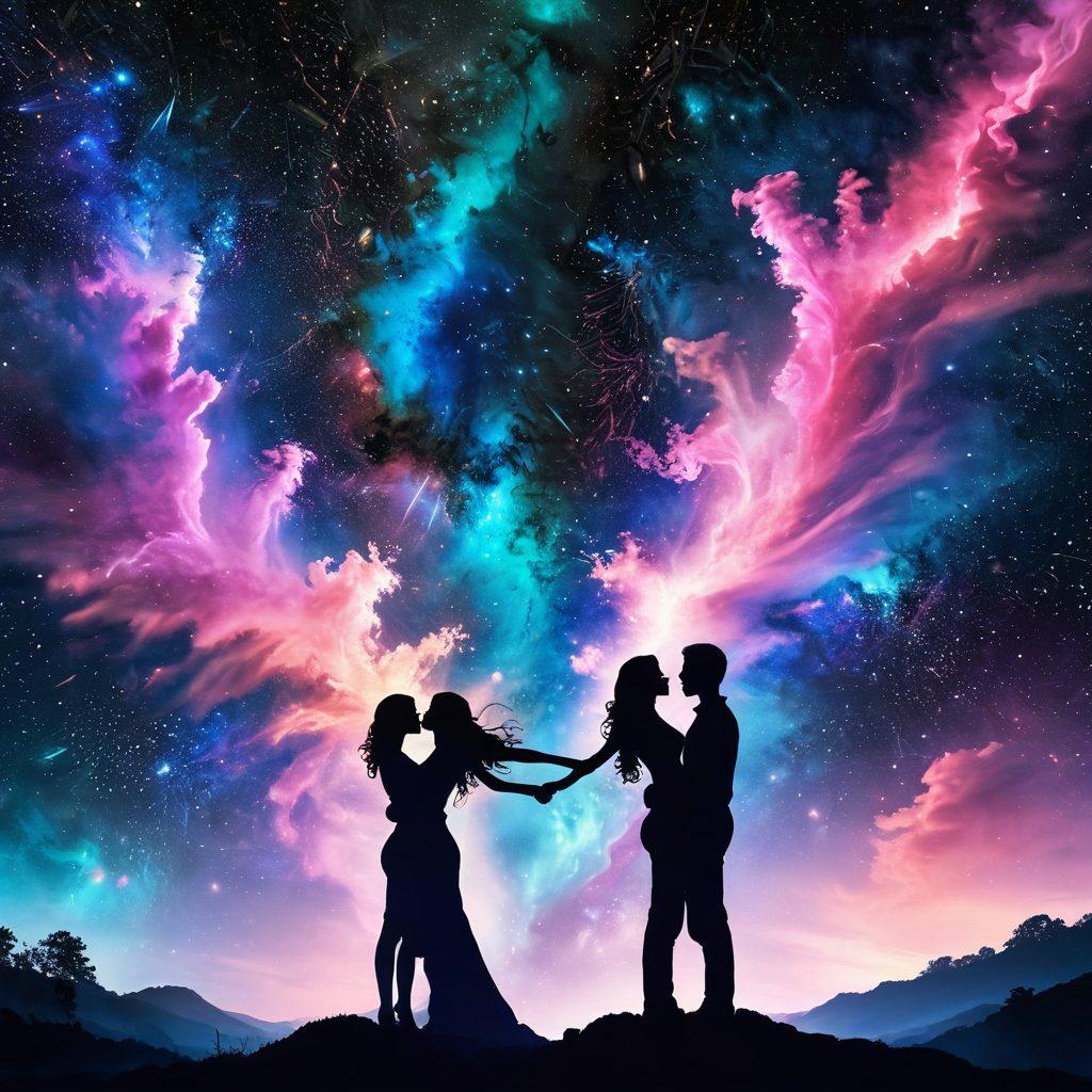 A mesmerizing cosmic scene filled with swirling galaxies and vibrant nebulae, intertwined with silhouettes of passionate lovers embraced under a starlit sky. Ethereal colors of deep blues and radiant pinks create a dreamlike atmosphere that evokes sensation and desire. Comets streak by, leaving trails of light, symbolizing fleeting moments of passion. The foreground features soft, glowing hearts merging with cosmic dust. surreal art. vibrant colors. cosmic theme.