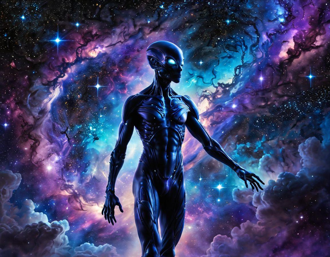 A cosmic scene featuring an ethereal alien figure, gracefully floating amidst swirling galaxies and vibrant nebulae. The alien has luminescent skin, with intricate patterns and symbols glowing softly, representing interstellar imagery. Subtle hints of intimacy, like tender gestures towards a human form, create a sense of connection. The background is a rich tapestry of deep blues, purples, and sparkling stars, evoking a sense of mystery and wonder. super-realistic. vibrant colors. cosmic theme.